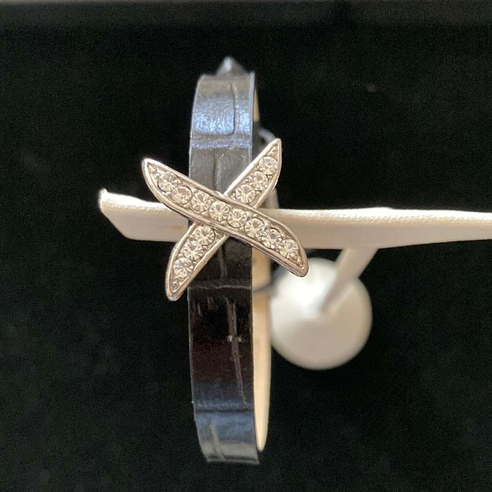 Rhinestone X Bracelet with Black Leather Band